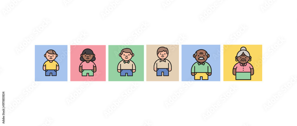 Obraz premium Diverse characters in flat style on colorful backgrounds