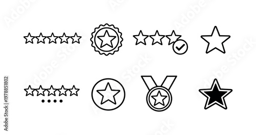 Five star rating: five stars row, star badge, rating stars with checkmark, favorite star, review stars, star circle, star medal, highlighted star.