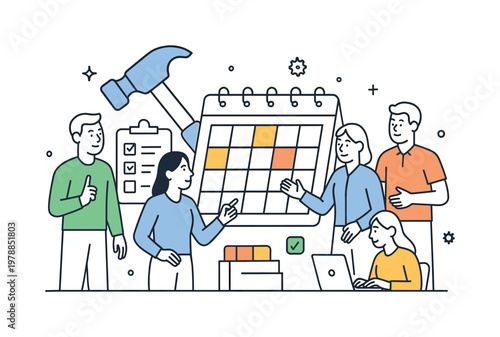 Project management and task execution in a modern workflow context where teams coordinate multiple responsibilities and deliver results on time, illustrated by a compact