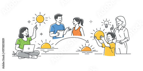 People using sun symbols to represent energy, positivity, and daily cycles in a modern lifestyle or educational context, illustrated through a clear metaphor of a small