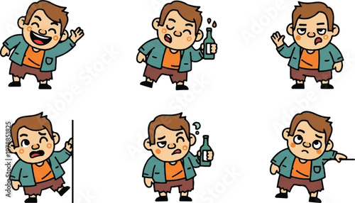 Cartoon illustrations of a boy in various poses and emotional expressions
