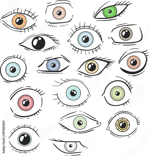 Creative vector eye collection with colorful hand drawn styles featuring unique shapes artistic details and imaginative designs for modern illustration projects draw