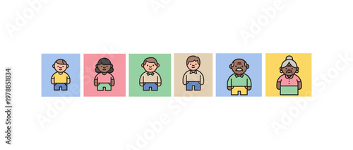 Diverse characters in flat style on colorful backgrounds