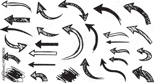 Hand drawn arrow vector set — doodle sketch curved arrows and symbols in black ink