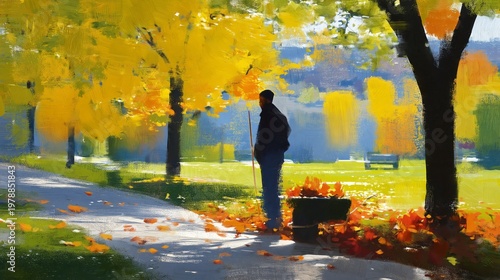 Person Stands Under Trees With Yellow Leaves in a Park During Autumn in the A...