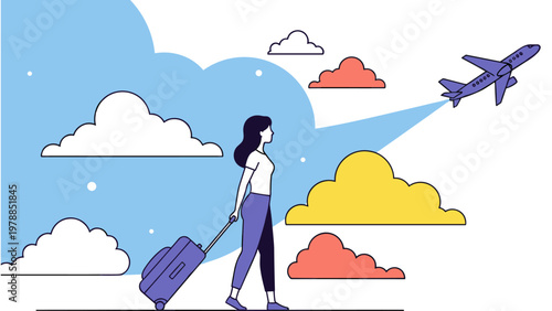 Woman traveling with luggage and plane silhouette in colorful cloudscape
