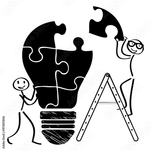 Two stick figures assembling a puzzle light bulb on a ladder