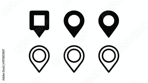 Clean and modern vector set of six location pin markers in various styles, ideal for web design, apps, maps, and business presentations. High contrast for easy readability and professional use.