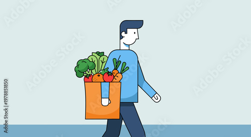 Man walking with grocery bag full of fresh vegetables in modern flat design