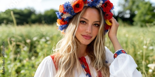 Woman Wearing Traditional Attire and Flower Crown in a Green Field During Sun...