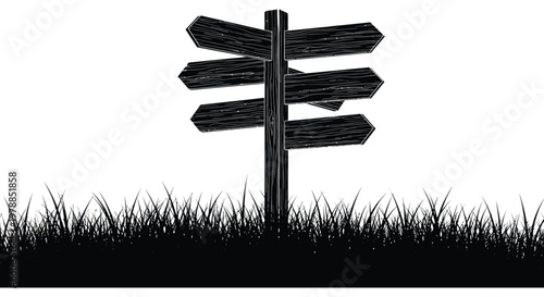 A stark black signpost with multiple directions rises from grassy terrain creating a striking silhouette high quality professional detailed modern elegant