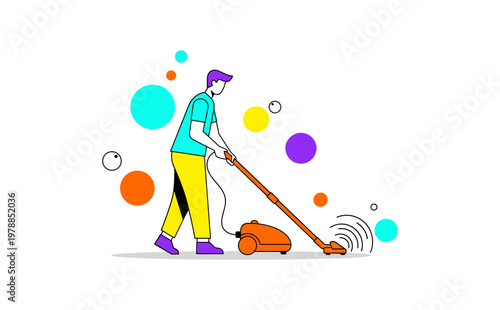 Colorful flat design of person vacuuming with abstract geometric background