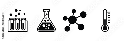 Four icons representing scientific and laboratory elements in black and white isolated on white background, Vector, illustration