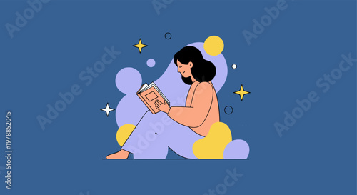 Woman reading book surrounded by abstract colorful shapes in modern flat design