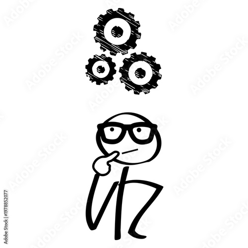 A cartoon character thinking with gears above his head