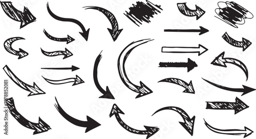 Hand drawn arrow vector set — doodle sketch curved arrows and symbols in black ink