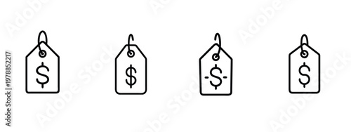 Price tag and shopping line icons set featuring dollar symbol labels and discount hang tags more vector illustration with editable stroke.