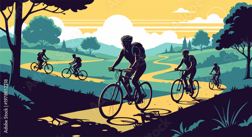 Cycling adventure vector illustration with group of cyclists on scenic trail, enjoying outdoor activity and healthy lifestyle.