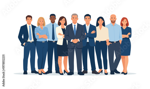 Team lineup scenario where a group of professionals stands together in an organized formation, representing structure, readiness, and collective identity in a business or