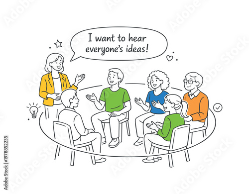 Inclusive meeting leadership and participation scenario showing a facilitator encouraging equal voice and engagement among participants in a professional setting, using a