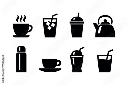 Hot and cold drinks: steaming cup, iced drink, takeaway cup, kettle, thermos bottle, espresso cup, smoothie glass, drink with straw.
