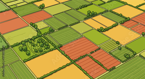 Aerial view of colorful agricultural fields in a stylized vector illustration, showing diverse crops and hedgerows. This vibrant landscape depicts rural farming and land division,
