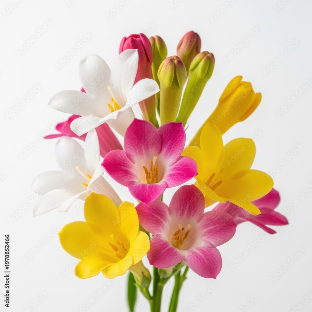 Fototapeta premium Vibrant spring tuberose bouquet in soft natural light close-up on white background
