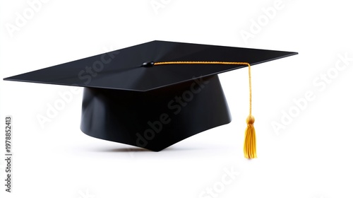 Graduating Cap With Yellow Tassel Shown on a White Background in a Simple Dis...