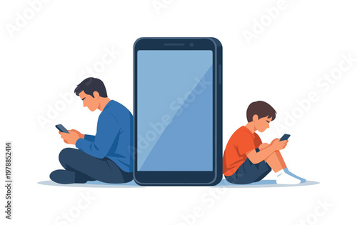 A parent and child sitting together but both focused on their own smartphones instead of interacting, representing social disconnection and reduced real-life
