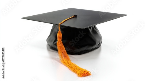 Graduating Cap With Yellow Tassel Shown on a White Background in a Simple Dis...