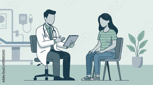 Doctor consulting a female patient in a medical clinic, flat illustration