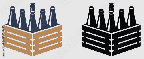 Crate with beer bottles icon vector template, beer case symbol with multiple bottles in wooden crate, beverage storage and transport concept, clean flat design