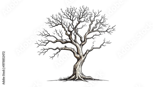 Detailed illustration of a bare tree with intricate branches against a white background.