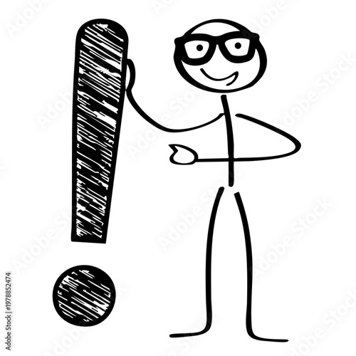 A cartoon stick figure wearing glasses stands next to an exclamation mark