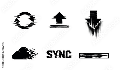 Data synchronization and transfer theme, a set of 5 glitch-distorted monochrome objects placed on a perfectly clean white background, each object containing its own