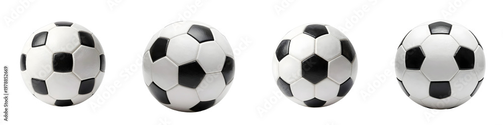 Fototapeta premium Four soccer balls are arranged in a row against a black background