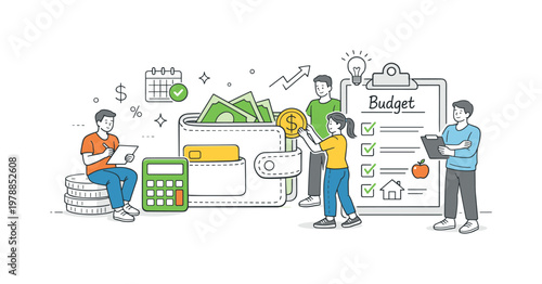 Financial literacy personal budgeting concept illustrating people organizing expenses and tracking income to improve financial stability in daily life, using a wallet and