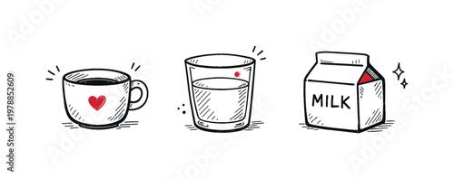 Simple breakfast drinks set theme a horizontal row of 3 related hand-drawn objects on a white background: a small cup with a tiny red heart on the side, a simple juice