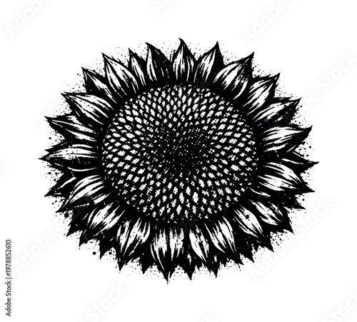 A dense sunflower head with seeds and petals shown in a direct frontal view, enlarged to dominate the frame as a circular organic form on a clean white background, the