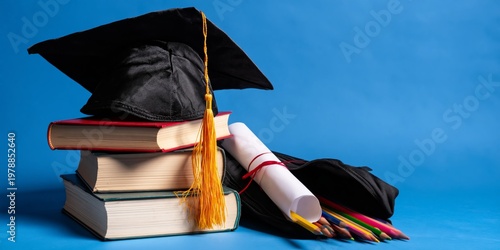 Graduation Cap Sits on Books With Diploma and Colorful Pencils in Studio Setting