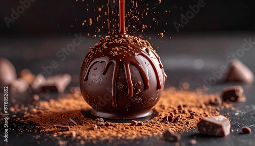 Chocolate sphere being drizzled with melted chocolate, close-up.
