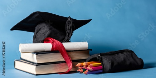 Graduation Cap Sits on Books With Diploma and Colorful Pencils in Studio Setting