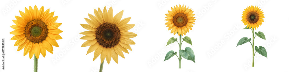 Fototapeta premium Several sunflowers are featured with their bright yellow petals on a black background