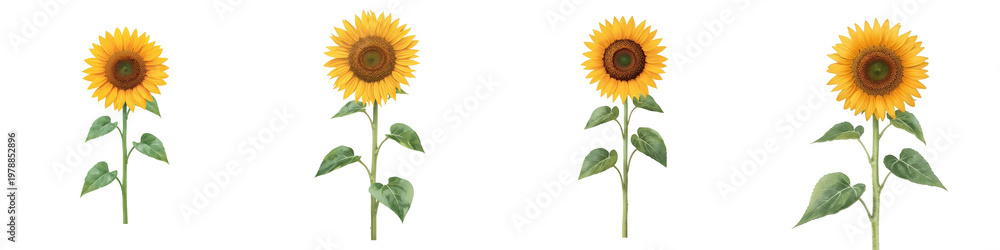 Fototapeta premium Four sunflowers in full bloom with stems and leaves isolated on black background