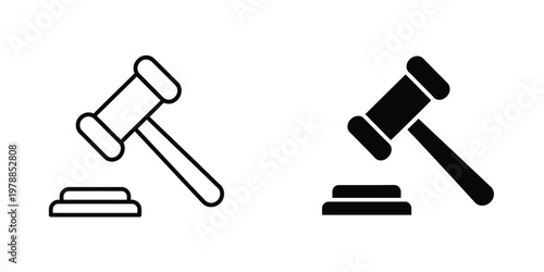 Two judicial gavel icons placed on wooden blocks for legal or courtroom themes isolated on white background, Vector, illustration
