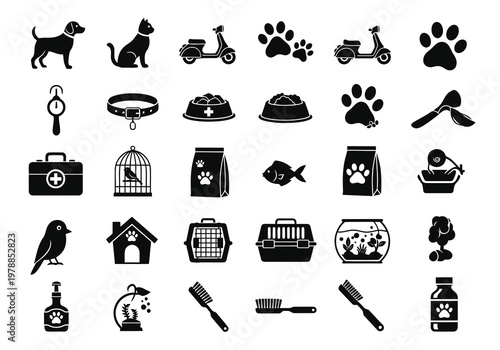 A collection of black and white icons represents various pet care items and animals.