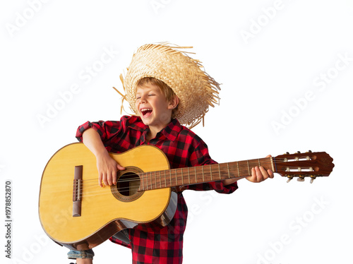 Caucasian child dressed for the June fiestas in Brazil, isolated on a light background