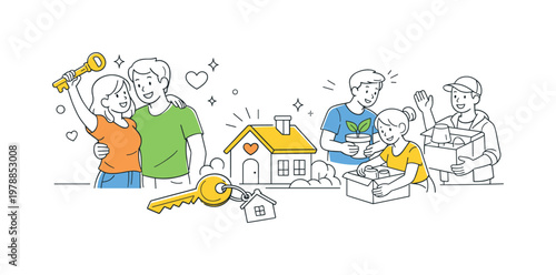 Newlyweds life beginning scene showing a couple starting their shared journey and adjusting to living together in a new home environment, using a key and a small house as