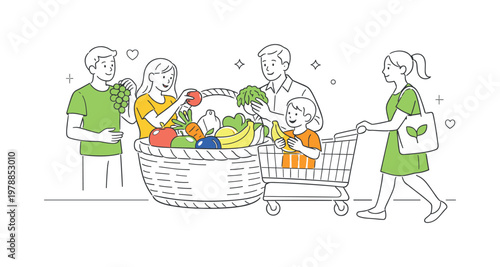 A food and grocery concept where people select and enjoy fresh produce as part of everyday consumption, represented by a minimal composition of a fruit basket combined