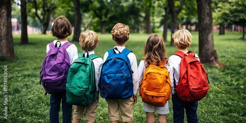 Group of Children With Backpacks Standing in the Park During Daytime